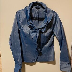 Samuel Dong Shimmering Blue fitted Ruffled Blouse.